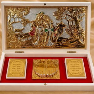 Placa de pared de Krishna, arte de Radha en tono dorado para la decoración de la sala de oración.