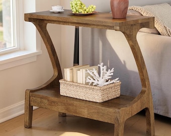 End Table, Solid Wood Narrow Side Table with Storage Shelf