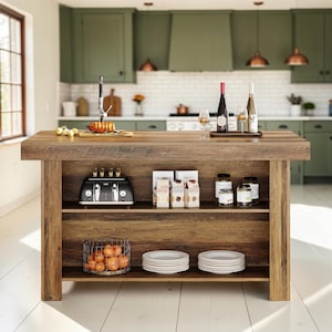 May include: A rustic wooden kitchen island with a thick countertop, featuring an open shelving unit below. The island holds a black toaster, food containers, a wire basket filled with onions, and two stacks of white plates on the lower shelves.
