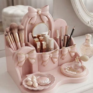 Op de afbeelding: Een lichtroze make-up organizer met drie decoratieve strikken met gouden rand, een kleine ronde spiegel, meerdere vakken voor kwasten en lippenstiften, en twee schelpvormige schaaltjes voor kleine cosmetica en parels.