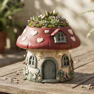 May include: A mushroom-shaped planter with a red cap featuring white hearts and a small window. The cream-colored base resembles a house with a central door, two windows, and sculpted flowers at the bottom. A string of fairy lights wraps around it.