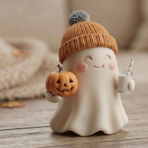 May include: A small, smooth, off-white ghost figurine wearing a ribbed, burnt-orange knit beanie with a gray pom-pom. The ghost has rosy cheeks, a smiling expression, and holds a small orange jack-o'-lantern and a glass of milk with a straw.
