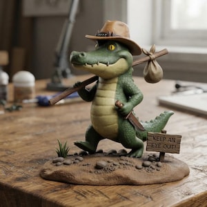 Può includere: Una statuetta di coccodrillo verde con un cappello marrone, che trasporta un bastone con un fagotto sulla spalla e un coltello al fianco. La figura poggia su una base testurizzata con un piccolo cartello che recita KEEP AN EYE OUT in nero.