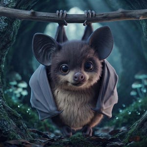 May include: A small, fluffy brown bat with large, dark eyes and rounded ears hanging upside down from a wooden branch. The bat has a lighter-colored chest and its wings are partially wrapped around its body, showing a smooth, greyish texture.