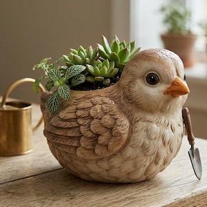 May include: A ceramic bird-shaped planter with a light brown and cream finish, featuring detailed feather textures and an orange beak. The bird holds a small metal garden trowel in its wing, and its back contains green succulent plants.