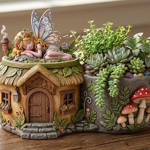 May include: A decorative planter shaped like a cottage with a thatched roof and a fairy sleeping on top. The attached gray stone-textured planter section features sculpted green leaves and red-capped mushrooms, containing various green succulents.