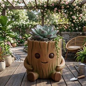Op de afbeelding: Een bruine plantenbak in de vorm van een boomstronk met een lachend gezicht, twee armen en twee benen. De plantenbak bevat een grote groene vetplant en een hangende erwtenplant. Het staat op een houten terras, omringd door diverse potplanten.