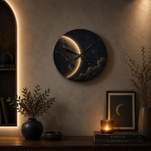 May include: A circular wall clock featuring a detailed graphic of a crescent moon illuminated against a dark, starry night sky. The clock face is black with a textured lunar surface on the left side and thin, dark hands indicating the time.