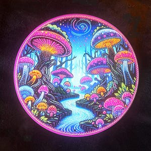 May include: A round, vibrant illustration of a fantastical mushroom landscape. The artwork features a river flowing through a forest of colorful mushrooms in shades of pink, orange, and blue, with a starry sky.