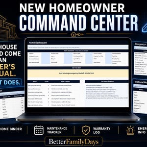 Può includere: Un cruscotto digitale per la manutenzione della casa visualizzato su uno schermo di un portatile, intitolato New Homeowner Command Center. Include sezioni per un calendario di manutenzione, informazioni di emergenza e moduli di tracciamento.