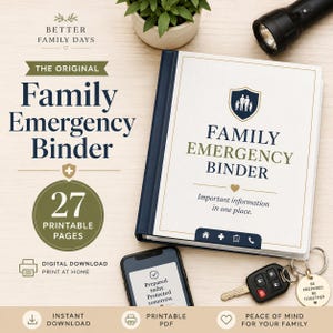 May include: A white and navy blue Family Emergency Binder with a shield icon featuring a family silhouette. The cover text reads Family Emergency Binder, Important information in one place. Includes a smartphone, car keys, and a flashlight.