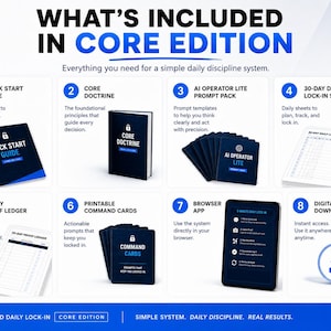 Peut inclure: Une infographie intitulée WHAT'S INCLUDED IN CORE EDITION présentant huit éléments : un guide de démarrage rapide, un livre Core Doctrine, un pack de prompts AI Operator Lite, des feuilles de suivi 30 jours, un registre de preuves, des cartes de commande, une application navigateur et une icône de téléchargement.