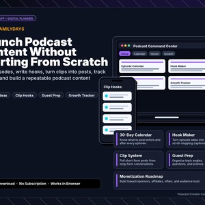 Podcast Creator Starter Kit, Podcastplanner, 30-daagse lanceringskalender, Afleveringssjablonen, Social Media Hooks PDF + Browser Tool
