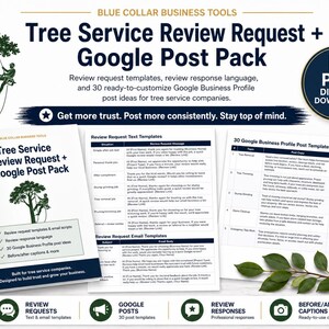 以下が含まれることがあります： ツリーサービス企業向けのデジタルダウンロードパック。Tree Service Review Request + Google Post Packというタイトルのガイド、レビュー依頼テンプレート、メールスクリプト、30種類のGoogleビジネスプロフィール投稿テンプレートが含まれています。