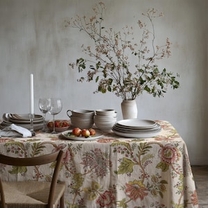 Beige Red Green Floral Tablecloth, Vintage Botanical Table Cover, Cottagecore Dining Decor, Elegant Garden Table Linen