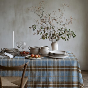 Blue Brown Plaid Tablecloth, Tartan Check Table Cover, Rustic Farmhouse Dining Decor, Cottagecore Kitchen Table Linen