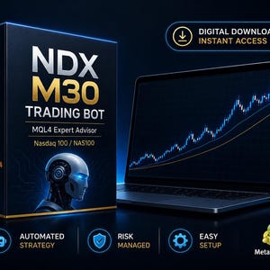 May include: A black box labelled NDX M30 TRADING BOT MQL4 Expert Advisor Nasdaq 100 / NAS100 with a robot graphic and MetaTrader 4 logo, positioned next to a laptop displaying a blue financial line graph, with text for digital download and setup.