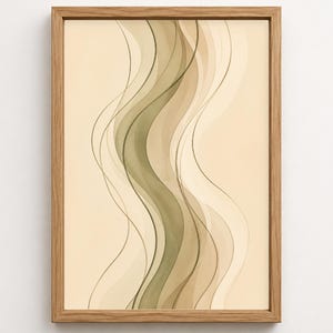May include: A framed wall art print featuring abstract vertical wavy lines in shades of sage green, beige, and cream. The artwork is enclosed in a light-toned wooden frame with a rectangular profile, showcasing a series of overlapping curves.