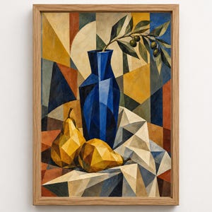 May include: A framed wall art print featuring a geometric still life composition. The image displays a deep blue faceted vase containing an olive branch, positioned next to two yellow pears on a white cloth, all set against a multi-colored background.