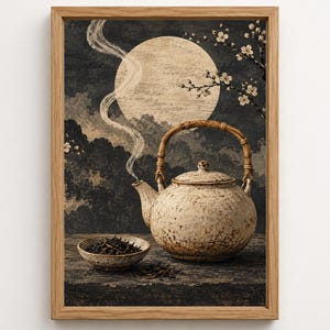 Puede incluir: Una lámina de arte enmarcada que muestra una tetera beige moteada con asa de bambú y un pequeño cuenco a juego lleno de hojas de té. La escena representa una luna llena, nubes oscuras y ramas florecidas en un estilo texturizado y apagado.