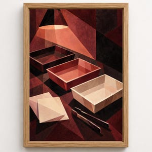 May include: A framed art print depicting a darkroom scene with three rectangular developing trays in black, red, and white. A pair of metal tongs rests beside the trays, and two pieces of photographic paper are positioned on the dark surface.