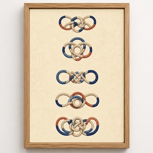 May include: A framed wall art print featuring five distinct decorative knots arranged vertically. Each knot is crafted from tan rope with segments colored in navy blue and terracotta red, set against a light cream background in a wood frame.