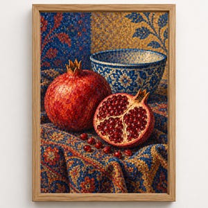 May include: A framed still life painting featuring a whole red pomegranate and a halved pomegranate with visible seeds, placed next to a blue and white patterned bowl on a textured fabric surface with intricate blue, red, and gold floral patterns.