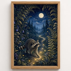 May include: A framed wall art print featuring a raccoon walking along a path in a dark forest at night. The scene includes a full moon, glowing fireflies, and lush ferns and wildflowers surrounding the path, all encased in a light wood frame.