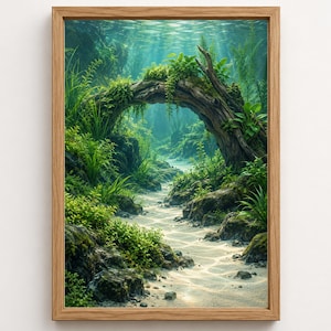 May include: A framed wall art print featuring an underwater scene with a sandy bottom, mossy rocks, and a large, arched piece of driftwood covered in green aquatic plants. Sunlight filters through the water, creating patterns on the sand.