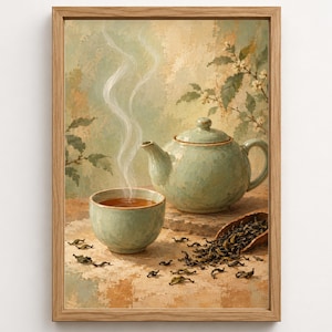 May include: A framed painting depicting a light green ceramic teapot and a matching teacup filled with steaming tea. Loose dark tea leaves are scattered on the surface next to a wooden scoop, with a soft, textured background featuring foliage.