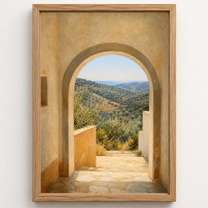 Pode incluir: Uma impressão de arte emoldurada apresentando um arco de pedra bege com vista para uma paisagem de colinas, oliveiras e um mar azul ao longe sob um céu limpo. A cena é renderizada em tons quentes e terrosos com um acabamento texturizado.