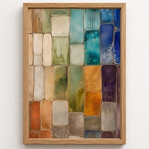 Peut inclure: Une œuvre d'art murale encadrée composée d'une grille de carreaux de céramique rectangulaires dans une variété de couleurs, notamment des nuances de bleu, vert, orange, brun et crème. Chaque carreau présente une finition émaillée unique.