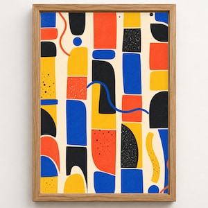 May include: A framed wall art print featuring a vertical arrangement of abstract geometric shapes in red, yellow, blue, and black. The composition includes solid blocks, textured speckled sections, and thin wavy lines on a cream-colored background.