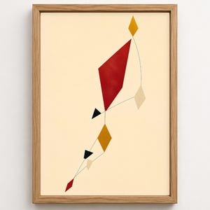 May include: A framed wall art print featuring a cream-colored background with a vertical arrangement of geometric shapes. The composition includes a large red diamond, smaller yellow and beige diamonds, and black triangles connected by thin black lines.