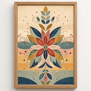 Può includere: Una stampa artistica da parete incorniciata che presenta un design a mandala botanico simmetrico con foglie e bacche stratificate nei toni del blu navy, giallo senape, verde salvia e rosso terracotta su uno sfondo a strisce orizzontali pastello.