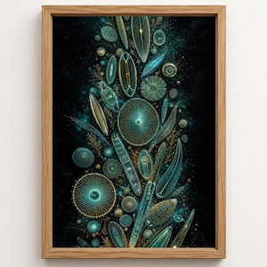 May include: A framed wall art print featuring a vertical arrangement of microscopic organisms in shades of teal, blue, and gold against a deep black background. The intricate, geometric patterns of diatoms are displayed in a detailed composition.