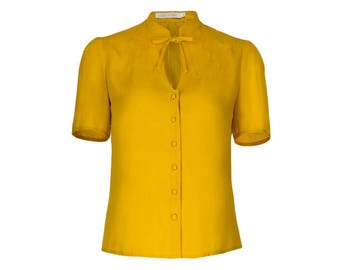 1940s Style Blouse- Yellow- Vintage Swing Retro Shirt- Mandarin collar- Short sleeves- Keyhole neckline.