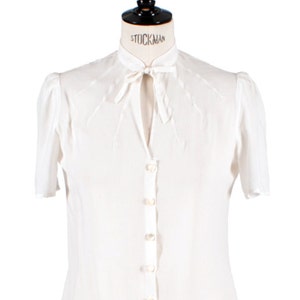 1940s Style White Blouse Vintage Swing Retro Shirt Mandarin collar Short sleeves blouse Key hole neckline image 2