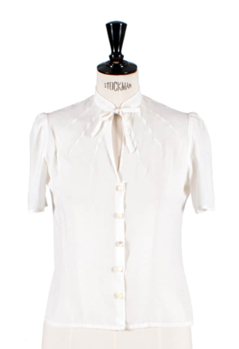 1940s Style White Blouse Vintage Swing Retro Shirt Mandarin collar Short sleeves blouse Key hole neckline image 2