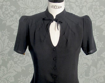 1940s Style Black Blouse -  Vintage Swing Retro Shirt- Mandarin collar- Short sleeves blouse- Key hole neckline