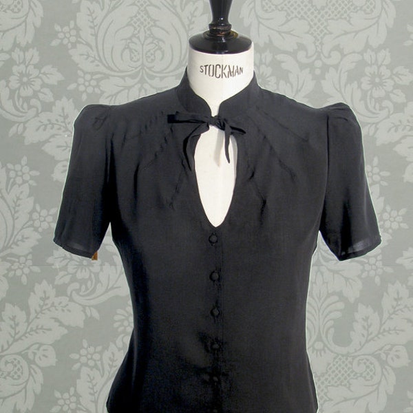 1940s Style Black Blouse -  Vintage Swing Retro Shirt- Mandarin collar- Short sleeves blouse- Key hole neckline