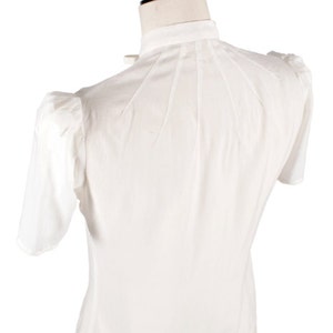 1940s Style White Blouse Vintage Swing Retro Shirt Mandarin collar Short sleeves blouse Key hole neckline image 4