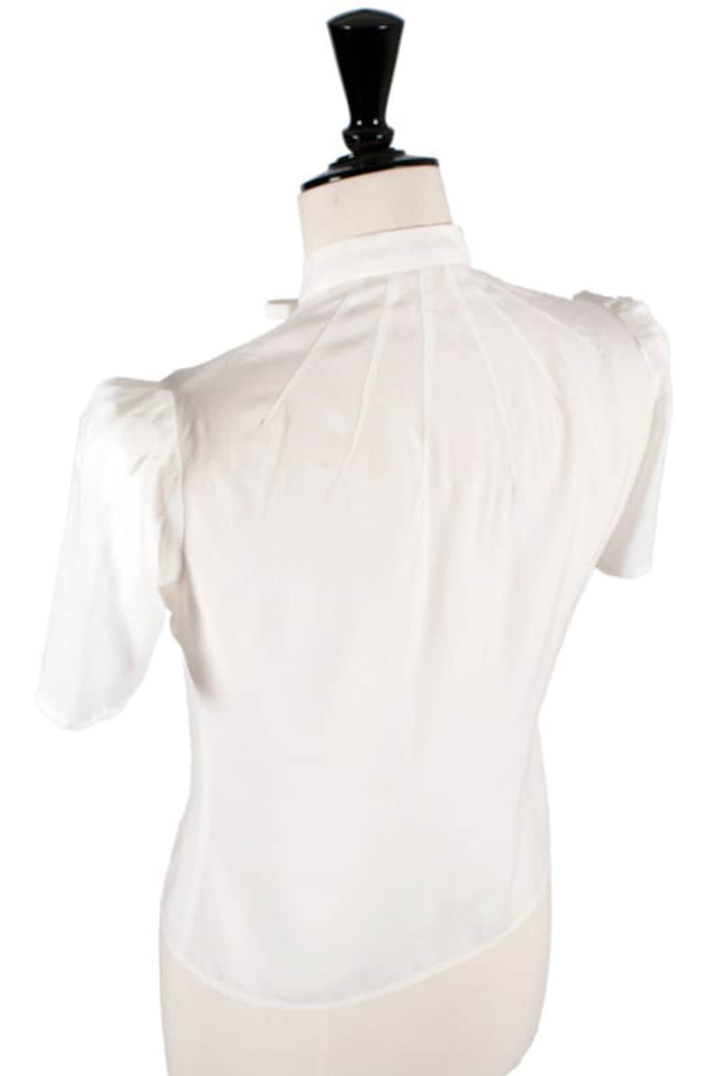 1940s Style White Blouse Vintage Swing Retro Shirt Mandarin collar Short sleeves blouse Key hole neckline image 4