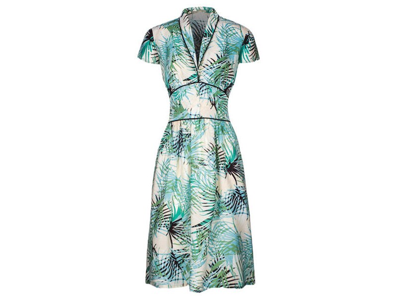 Dina, 40s Dress Style, Palm Tree Print, Vintage inspired shawl collar. image 6