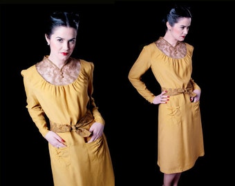 1940s style Dress - Mustard viscose and lace fabrics Retro Dress - Marlene 40s Reproduction Dress