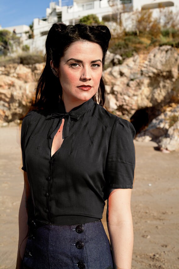 トップス 40s Vintage Nylon Shirt 1940s Style Black Blouse - Vintage Swing Retro Shirt- Mandarin