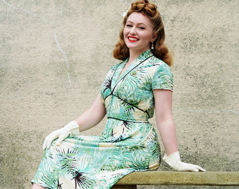 Dina, 40s Dress Style, Palm Tree Print, Vintage inspired shawl collar. image 1