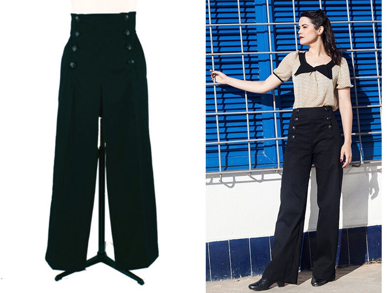 black sailor pants with gold buttons