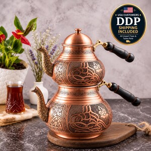 Large Copper Turkish Tea Set, DDP Shipping Included, Handmade Ottoman Tugra Design, Heavy Copper Teapot, 8-10 Person Tea Set, Turkish Gift