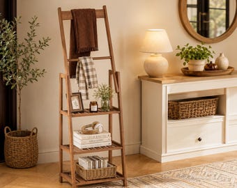 Bamboo Ladder Shelf, Freestanding Storage Rack, Walnut Finish Farmhouse Decor